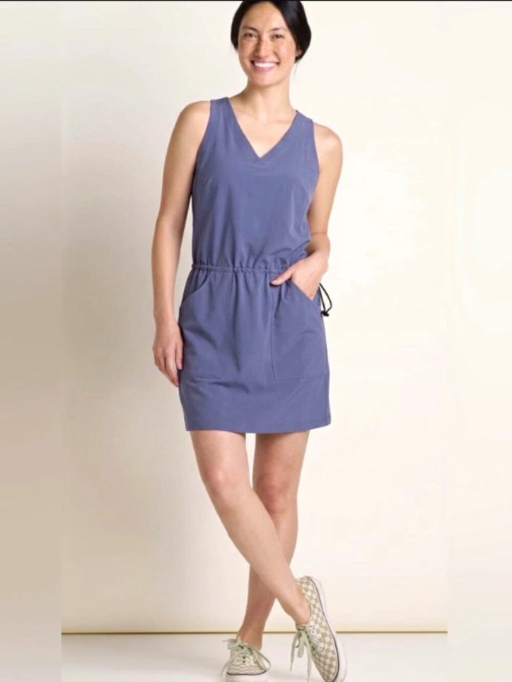 Toad&Co Liv Dress Solid Purple Blue V-Neck Drawstring Pockets Large L